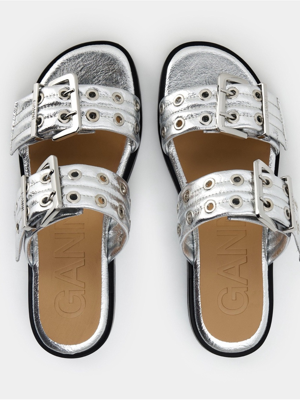 Ganni Metallic Silver Double-Buckle Slide Sandals